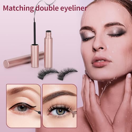 Magnetic eyelashes with eyeliner (5 pairs), is simple and convenient to wear, can be reused, glue-free, and can be used longer with 2 eyeliners (natural styles)