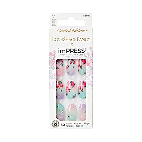 KISS LoveShackFancy x imPRESS Press-On Manicure Limited Edition, Style "Lilac Crush" Medium Coffin Purple Press-On Nails, Includes Prep Pad, Mini Nail File, Cuticle Stick, & 30 Fake Nails