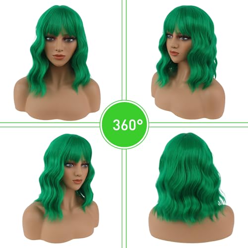 Green 14 Inch Short Wavy Bob Wig with Bangs - Heat Resistant Synthetic