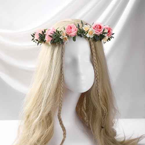 Pink Flower Crown Headband - Rose Floral Headpiece Adjustable Fairy Flower Crown for Women Girls Renaissance Birthday Wedding Party Photo Props