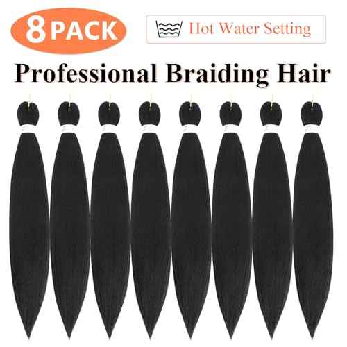 Braiding Hair Pre Stretched 24 Inch 8 Packs Pre Stretched Braiding Hair For Braiding Twist Hair For Crochet Braids Hot Water Setting Soft Yaki Texture(24Inch,1B)