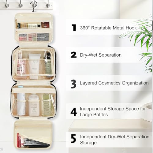 Travel Toiletry Bag, Hanging Makeup Organizer with Hook, Water-Resistant Cosmetic Bag, Fits Full-Size Shampoo & Conditioner Bottles, for Women & Men, Makeup Accessories & Brushes(Silver, Large)