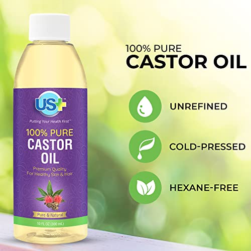 US+ 10oz 100% Pure Castor Oil - Cold-pressed, Unrefined, Hexane-free - USP Grade - Premium Quality for Healthy Skin & Hair