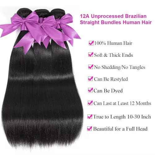 2x6 HD Lace Closure with Bundles 12 14 16+10 Inch Straight Human Hair 100% Unprocessed Brazilian Virgin Weave Human Hair 3 Bundles Deals with Closure