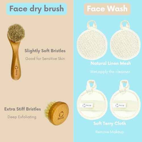 Face Dry Brush for Lymphatic Drainage Set,Exfoliating Face Brush+Face Scrubber for Women+4pcs Organic Facial Exfoliating Pads Reusable.Wooden Small Soft Bristle Facial Brushes for Cleaning.