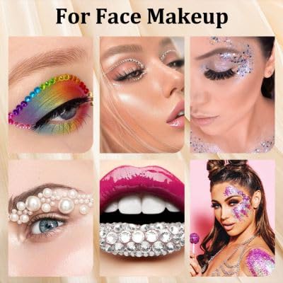 Colorful Face Gems Kit with Makeup Glue, 2-6mm Clear Glass Round Flatback Crystal + 2-5mm Gorgeous Resin Rhinestones for Eye Hair Makeup Body Art Manicure DIY Crafts with Dot-Brush Pen, Pickup Tools