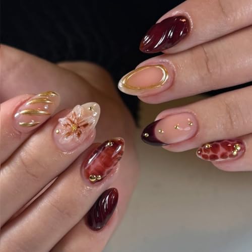 Medium Almond Press On Nails - Fall Burgundy with Gold Beads | 30 Pcs