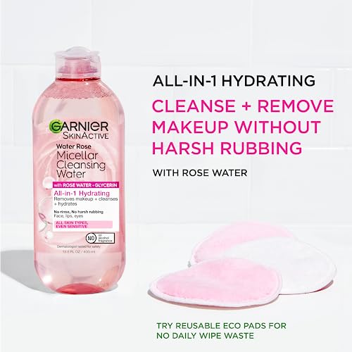 Garnier Micellar Water with Rose Water and Glycerin, Facial Cleanser & Makeup Remover, All-in-1 Hydrating, 13.5 Fl Oz (400mL), 1 Count (Packaging May Vary)