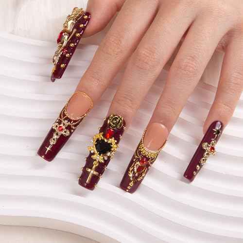 LOVFUL Press on Nails Gothic Romance| Handmade with Full Covered Crystals| Reusable Fake Nails| Square Mid length 1.7in| H333-M