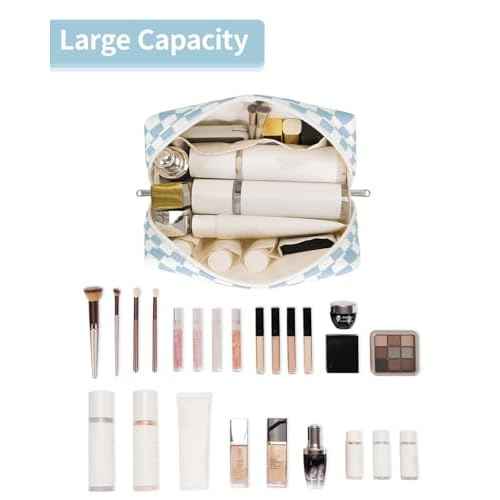 Narwey Checkered Makeup Bag Travel Cosmetic Bag Organizer Toiletry Bag Make Up Bags with Compartments for Women Girls((Large, Sky Blue Checkerboard)