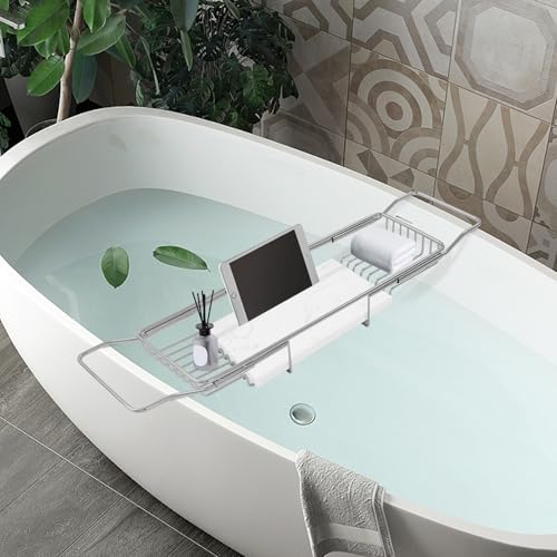 Expandable Stainless Steel Bathtub Tray with Marble Groove