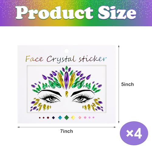 Mardi Gras Face Jewels Stickers - 4 Set Self-Adhesive Glitter Gems