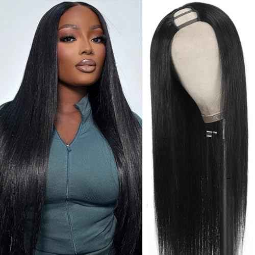 U Part Human Hair Wigs Easicontour U Part Straight Human Hair Wigs With Drawstring,200% Density Put On And Go Glueless Wig Human Hair Full Head Clip In Half Wig(14 Inch,Natural Color)