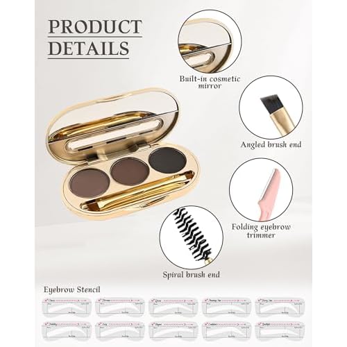 Waterproof Eyebrow Powder Kit - 3 Colors Long-Lasting Brow Powder Palette with Brush Razor & Stencil, Natural Tinting Powder for Women Sparse Brows | #03 Medium Brown, Dark Brown, Black