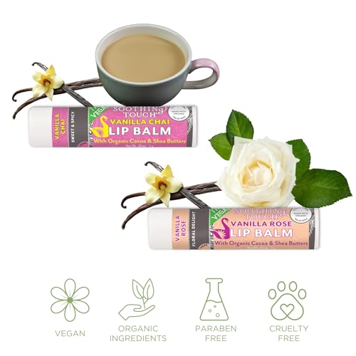 Vegan Lip Balm Set - Pack of 6 Soothing Touch Lip Balms. Includes Muslin Pouch and Lip Balm Holder (White): Lavender Coconut, Vanilla Chai, Vanilla Rose, Coconut Lime, Lemon Cardamom, Grapefruit