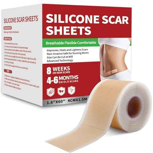 Silicone Scar Sheets (1.6¡±x 60¡± Roll-1.5M), Medical Grade Silicone Scar Tape Roll, Reusable Silicone Scar Strip, Professional Scar Removal Sheets for Surgery, C-Section, Burn, Keloid, Acne Etc