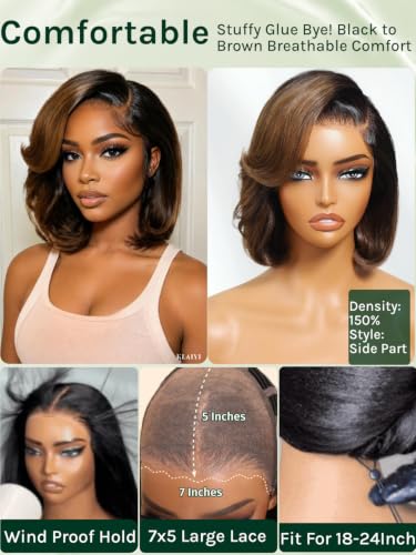 KLAIYI Ombre Brown Bob Wig - Glueless 7x5 Lace Front, 10 Inch