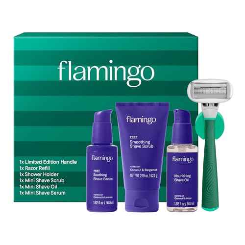 Flamingo Women's Razor Holiday Gift Set - Razor Handle, Blade Refill, Mini Smoothing Shave Scrub, Mini Nourishing Shaving Oil, Mini Soothing Shave Serum, and Shower Holder