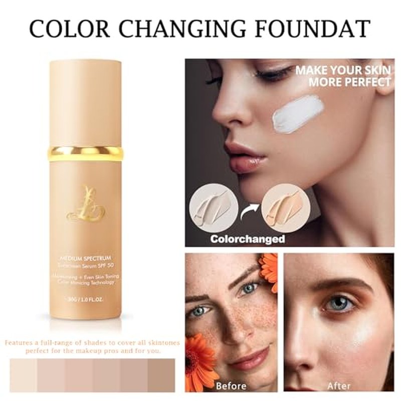 4-in-1 Color Changing Foundation with SPF 50 - Medium Spectrum Longwear Match Foundation with 2 Brushes - Moisturizing & Concealer Face Makeup for All Skin Types