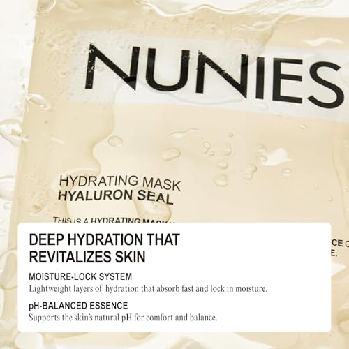 NUNIES Hydrating Sheet Mask ? Korean Moisturizing Face Mask for Dry & Sensitive Skin | 10-Layer Hyaluronic Acid, Trehalose & Allantoin | Glow, pH-Balanced | Fragrance-Free, Colorant-Free | 5 Sheets
