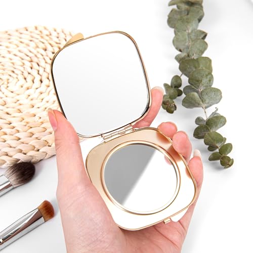 Travel Mini Mirror - Handheld, Foldable, Lightweight - Wallet Mini Pocket Magnifier - Square 3.0-inch x 2.8-inch (Gold) (Gold)
