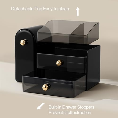 HBlife Makeup Organizer with Drawers & Brush Holder - Black & Gold