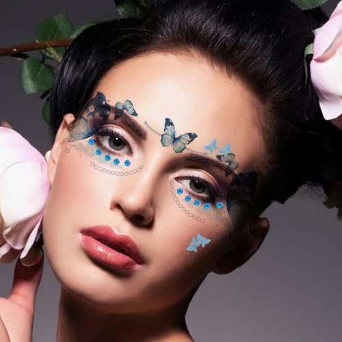 13 Sheets Glitter Eye Temporary Tattoos - Butterfly Flash Face Stickers with Conch Crystal Face Gems for Women & Girls - Birthday, Halloween, Christmas Party