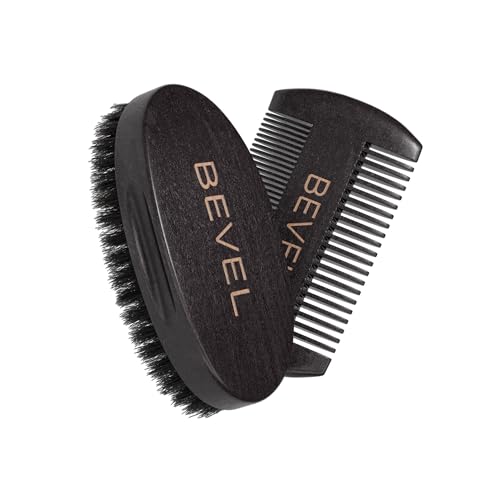 Bevel Beard Brush and Comb Set for Men ? Natural Boar Bristle Brush & Pearwood Comb with Travel Pouch ? Beard Grooming Kit for Shaping, Soften & Detangling Mustaches