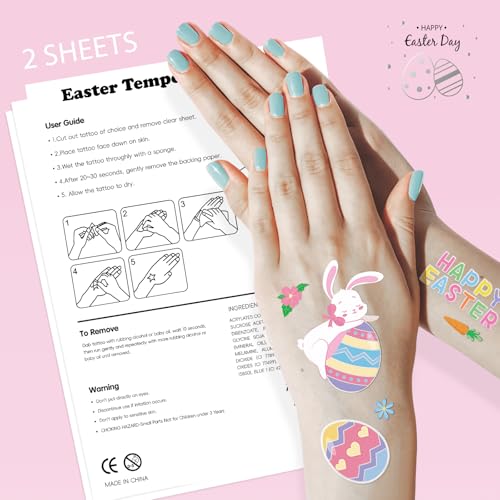 Easter Temporary Tattoos for Kids 62 Glitter Styles, Easter Stickers for Easter Candy & Egg Fillers, Bunny Party Favors, Basket Stuffers, Spring Crafts