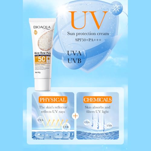 BIOAQUA Rice Raw Pulp Sunscreen SPF 50 + PA+++ UVA UVB UV Blocking Long Lasting Waterproof Sweat Proof Nourishing 4in1 Travel Size 40g / 1.41oz