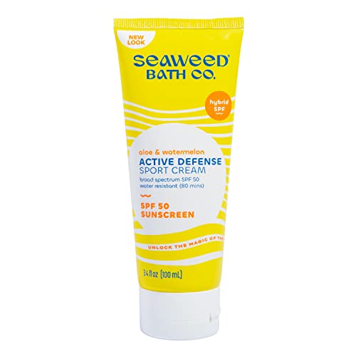 Seaweed Bath Co. Active Defense SPF 50 Sport Broad Spectrum Hybrid Sunscreen Cream, 3.4 Ounce, Sustainably Harvested Seaweed, Aloe, Watermelon