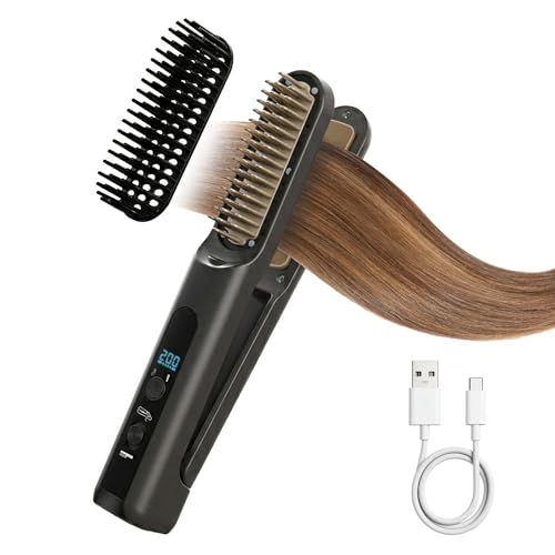 Cordless Hair Straightener Brush 2-in-1 with Curler & 4 Heat Settings