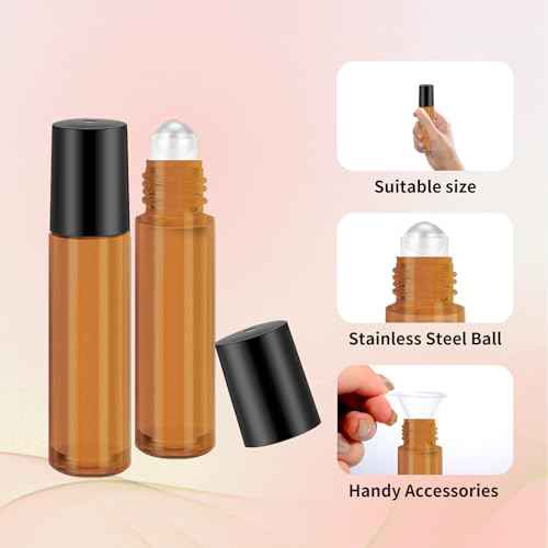 150 Pcs Essential Oil Roller Bottles 10 ml Leakproof Empty Glass Roll on Bottles with Stainless Steel Roller Balls with 20 Funnels 20 Droppers for Travel Perfume Essential Oil(Amber)