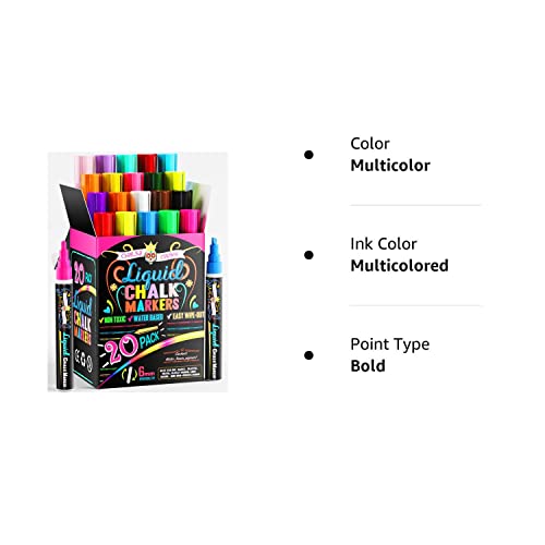 CHALKY CROWN Bold Chalk Markers - Dry Erase Marker Pens - Liquid Chalk Markers for Chalkboards, Signs, Windows, Blackboard, Glass - Reversible Tip (20 Pack) - (Multicolored, 6mm)