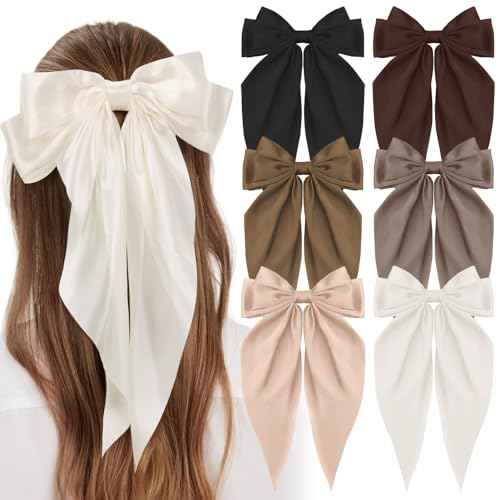 6 PCS Large Hair Bows for Woman Big Silky Satin Ribbon Long Tail Bows Hair Clips Oversized Barrettes for Woman Hair Accessories (6 Colors)