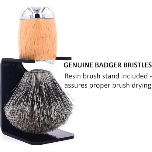 Taconic Shave 100% Mixed Badger Shaving Brush ? Extra-Dense 22?mm Knot for Rich Lather, Beechwood & Chrome Ergonomic Handle + Lucite Stand Included