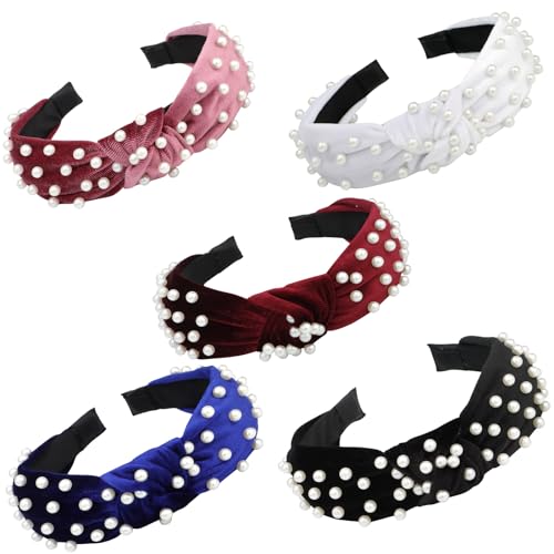 VELSCRUN Pearl Headband - 5 Pcs Pack of Pearl Knotted Headbands for Women - Hair Bands with Beaded Non Slip Wide Top Knot - Velvet Hair Bands for Women's Hair Accessories - Ideal Gift for Women Girls