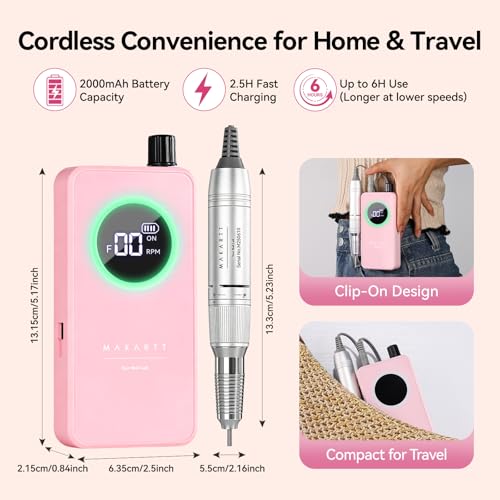 Makartt Pink Cordless Nail Drill for Beginners - Safe, Adjustable RPM, Rechargeable E-File