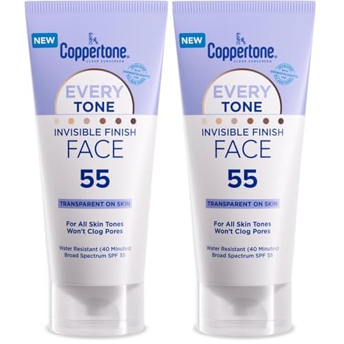 Coppertone Every Tone Invisible Finish Face Sunscreen SPF 55, Lightweight, Blends in Clear Sunscreen for All Skin Tones, 2 Fl Oz Tube (Pack of 2)