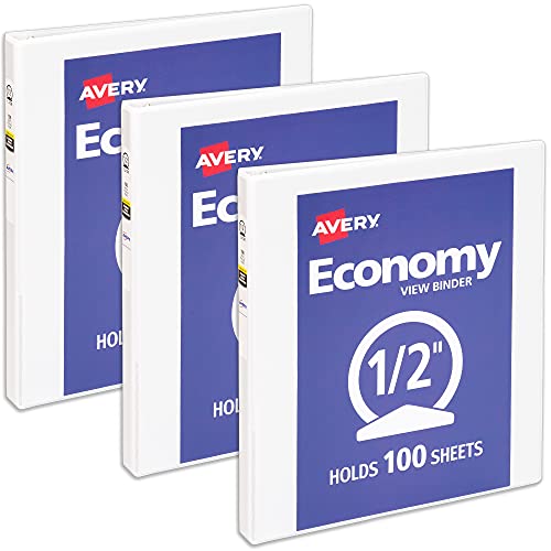 Avery Economy View 3 Ring Binders, 0.5" Round Rings, 12 White Binders (05706)