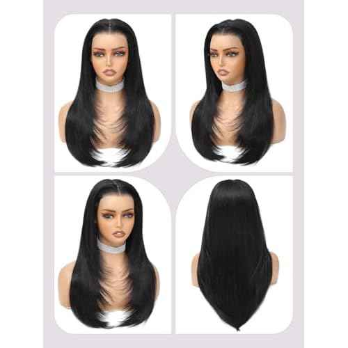 Layered Wig Face-Framing Glueless Wigs Human Hair Pre Plucked Pre Cut 200 Density 6X6 Straight HD Lace Front Ready To Wear Wigs Glueless Human Hair For Black Women Beginner Friendly 18 Inch