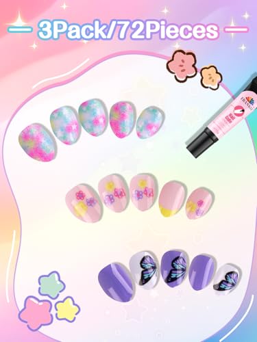 EBANKU 72pc Press On Nails for Kids | Butterfly Flower Design