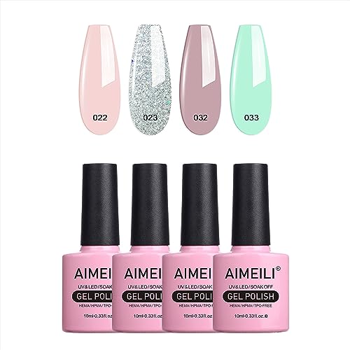 AIMEILI Soak Off U V LED Nude Gel Nail Polish Glitter Green Gel Polish Set Of 4pcs X 10ml - Kit Set 2