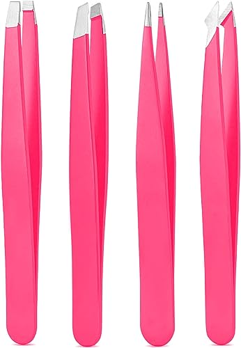 Pink Steel Tweezers Set - Eyebrow, Blackhead & Ingrown Hair Removal Tool