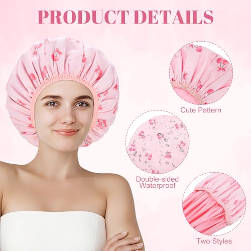 Double-Sided Shower Cap with Cherry Print and Pink Solid - Waterproof Hair Cover