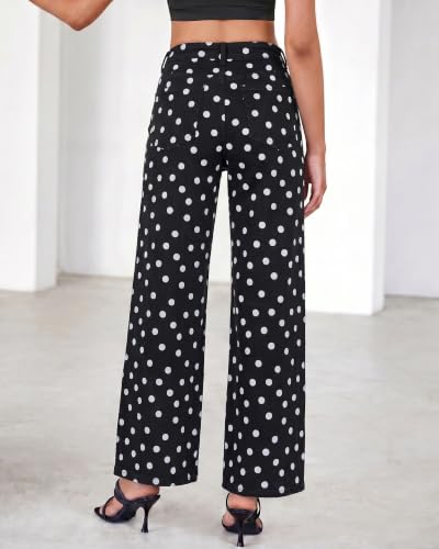 High Waisted Polka Dot Wide Leg Jeans for Women - Stretch Denim