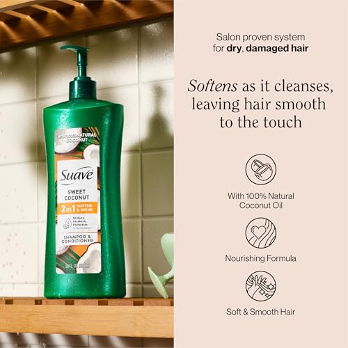 Suave Smooth & Shiny 2-in-1 Shampoo & Conditioner with Coconut Oil, Smoothness & Shine in One Step, No Parabens, Phthalates, or Dyes, 4 Pack, 28 FL OZ Each