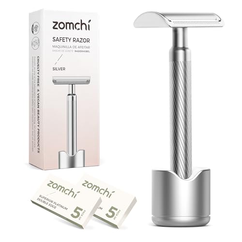 Zomchi 100 Counts Double Edge Razor Blades 2.0 with Premium Metal Razor with Stand