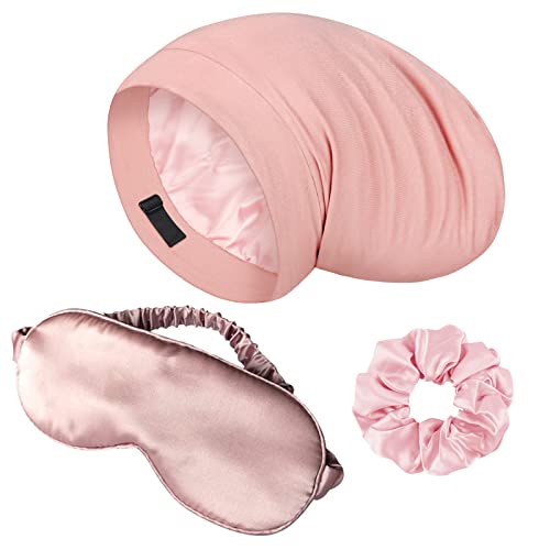 Lulusilk Silk Sleep Mask and Cap Set - Pink Silk Eye Mask and Bonnet Scrunchie Set