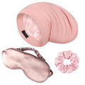 Lulusilk Silk Sleep Mask and Cap Set - Pink Silk Eye Mask and Bonnet Scrunchie Set